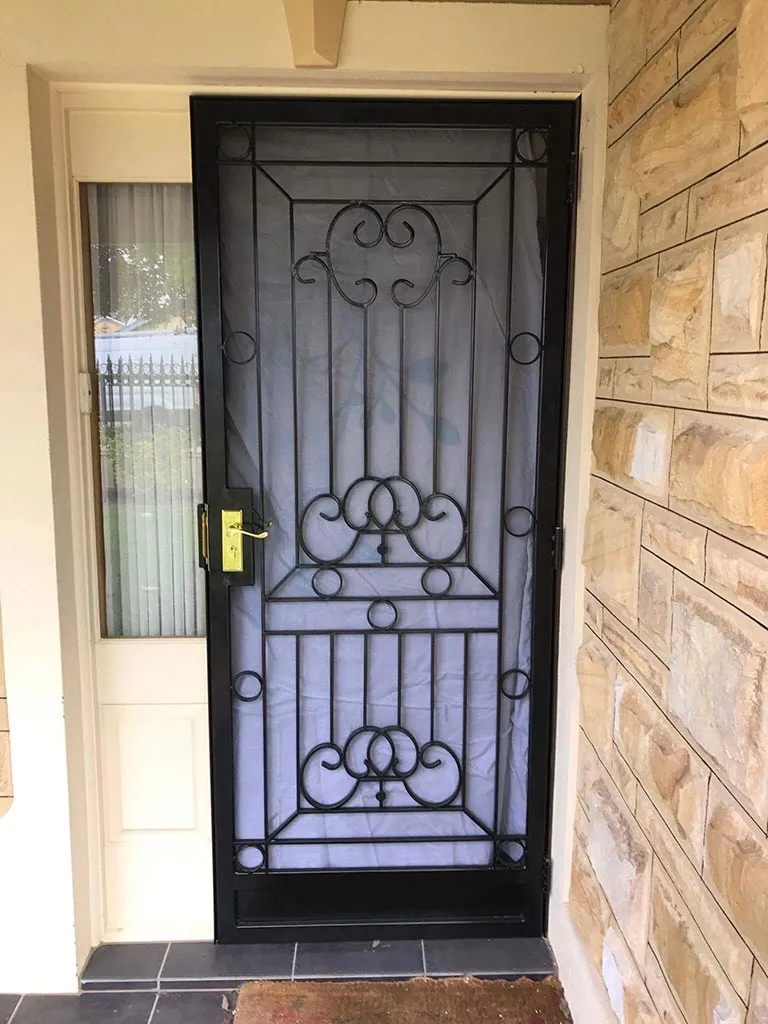 Decorative black steel security screen door